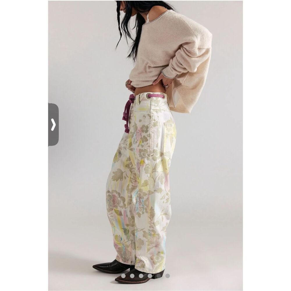 Free People Straight-Leg Floral Print Jeans with Pink Tie - Picture 3 of 11